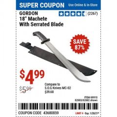 Harbor Freight Coupon 18" MACHETE WITH SERRATED BLADE Lot No. 62682/69910/60641/62683/57951 Expired: 1/29/21 - $4.99