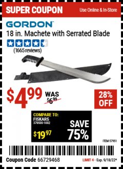 Harbor Freight Coupon 18" MACHETE WITH SERRATED BLADE Lot No. 62682/69910/60641/62683/57951 Expired: 9/18/22 - $4.99