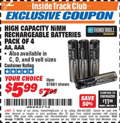 Harbor Freight ITC Coupon HIGH CAPACITY NIMH RECHARGEABLE BATTERIES (AA/AAA PACK OF 4, C/D PACK OF 2, 9V PACK OF 1) Lot No. 97866/97861/97864/97872/97865 Expired: 11/30/18 - $5.99