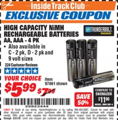 Harbor Freight ITC Coupon HIGH CAPACITY NIMH RECHARGEABLE BATTERIES (AA/AAA PACK OF 4, C/D PACK OF 2, 9V PACK OF 1) Lot No. 97866/97861/97864/97872/97865 Expired: 3/31/19 - $5.99