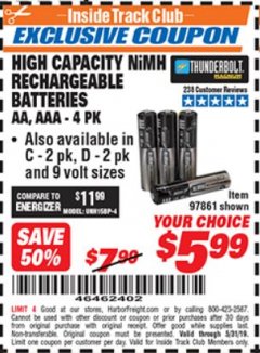 Harbor Freight ITC Coupon HIGH CAPACITY NIMH RECHARGEABLE BATTERIES (AA/AAA PACK OF 4, C/D PACK OF 2, 9V PACK OF 1) Lot No. 97866/97861/97864/97872/97865 Expired: 5/31/19 - $5.99