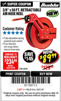 Harbor Freight Coupon 3/8" X 50 FT. HEAVY DUTY RETRACTABLE AIR HOSE REEL Lot No. 64038 Expired: 10/21/18 - $89.99