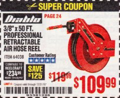 Harbor Freight Coupon 3/8" X 50 FT. HEAVY DUTY RETRACTABLE AIR HOSE REEL Lot No. 64038 Expired: 12/31/18 - $109.99