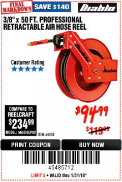 Harbor Freight Coupon 3/8" X 50 FT. HEAVY DUTY RETRACTABLE AIR HOSE REEL Lot No. 64038 Expired: 1/31/19 - $94.99