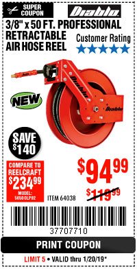 Harbor Freight Coupon 3/8" X 50 FT. HEAVY DUTY RETRACTABLE AIR HOSE REEL Lot No. 64038 Expired: 1/20/19 - $94.99