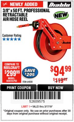 Harbor Freight Coupon 3/8" X 50 FT. HEAVY DUTY RETRACTABLE AIR HOSE REEL Lot No. 64038 Expired: 3/17/19 - $94.99