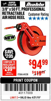 Harbor Freight Coupon 3/8" X 50 FT. HEAVY DUTY RETRACTABLE AIR HOSE REEL Lot No. 64038 Expired: 4/21/19 - $94.99
