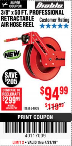 Harbor Freight Coupon 3/8" X 50 FT. HEAVY DUTY RETRACTABLE AIR HOSE REEL Lot No. 64038 Expired: 4/22/19 - $94.99