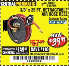 Harbor Freight Coupon 3/8" X 50 FT. HEAVY DUTY RETRACTABLE AIR HOSE REEL Lot No. 64038 Expired: 7/3/19 - $39.99