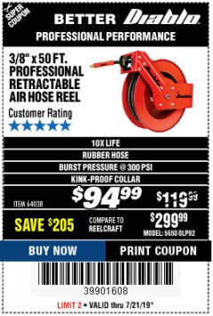 Harbor Freight Coupon 3/8" X 50 FT. HEAVY DUTY RETRACTABLE AIR HOSE REEL Lot No. 64038 Expired: 7/21/19 - $94.99