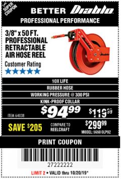 Harbor Freight Coupon 3/8" X 50 FT. HEAVY DUTY RETRACTABLE AIR HOSE REEL Lot No. 64038 Expired: 10/20/19 - $94.99