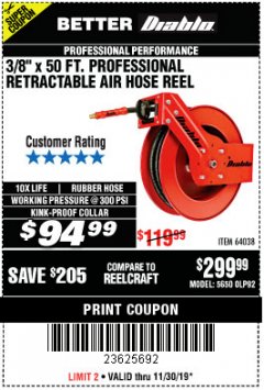 Harbor Freight Coupon 3/8" X 50 FT. HEAVY DUTY RETRACTABLE AIR HOSE REEL Lot No. 64038 Expired: 11/30/19 - $94.99