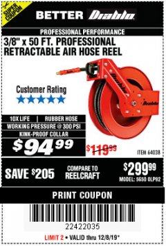 Harbor Freight Coupon 3/8" X 50 FT. HEAVY DUTY RETRACTABLE AIR HOSE REEL Lot No. 64038 Expired: 12/8/19 - $94.99