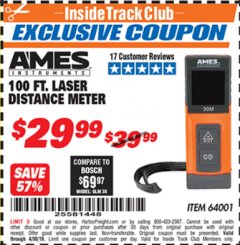 Harbor Freight ITC Coupon 100FT. LASER DISTANCE METER Lot No. 64001 Expired: 4/30/19 - $29.99
