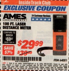 Harbor Freight ITC Coupon 100FT. LASER DISTANCE METER Lot No. 64001 Expired: 7/31/19 - $29.99