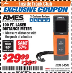 Harbor Freight ITC Coupon 100FT. LASER DISTANCE METER Lot No. 64001 Expired: 2/29/20 - $29.99
