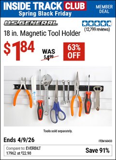Harbor Freight ITC Coupon U.S. GENERAL 18 IN. MAGNETIC TOOL HOLDER Lot No. 60433/61199 Expired: 4/9/26 - $1.84