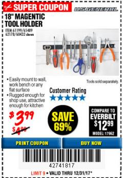 Harbor Freight Coupon 18" MAGNETIC TOOL HOLDER Lot No. 65489/60433/61199/62178 Expired: 12/31/17 - $3.99