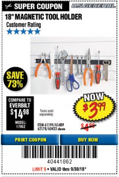 Harbor Freight Coupon 18" MAGNETIC TOOL HOLDER Lot No. 65489/60433/61199/62178 Expired: 9/30/18 - $3.99