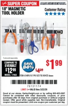 Harbor Freight Coupon 18" MAGNETIC TOOL HOLDER Lot No. 65489/60433/61199/62178 Expired: 3/22/20 - $1.99