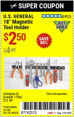 Harbor Freight Coupon 18" MAGNETIC TOOL HOLDER Lot No. 65489/60433/61199/62178 Expired: 7/31/20 - $2.5