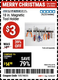 Harbor Freight Coupon 18" MAGNETIC TOOL HOLDER Lot No. 65489/60433/61199/62178 Expired: 12/26/21 - $3