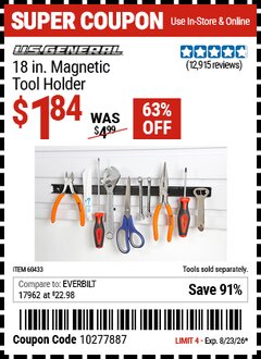 Harbor Freight Coupon U.S. GENERAL 18 IN. MAGNETIC TOOL HOLDER Lot No. 60433/61199 Valid Thru: 8/23/26 - $1.84