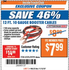 Harbor Freight ITC Coupon 12 FT., 10 GAUGE BOOSTER CABLES Lot No. 63376/69294 Expired: 11/13/18 - $7.99