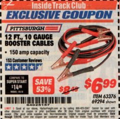 Harbor Freight ITC Coupon 12 FT., 10 GAUGE BOOSTER CABLES Lot No. 63376/69294 Expired: 7/31/19 - $6.99