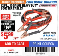 Harbor Freight ITC Coupon 12 FT., 10 GAUGE BOOSTER CABLES Lot No. 63376/69294 Expired: 8/27/19 - $5.99
