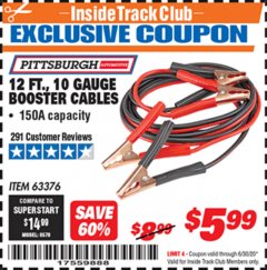Harbor Freight ITC Coupon 12 FT., 10 GAUGE BOOSTER CABLES Lot No. 63376/69294 Expired: 6/30/20 - $5.99
