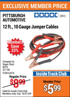 Harbor Freight ITC Coupon 12 FT., 10 GAUGE BOOSTER CABLES Lot No. 63376/69294 Expired: 10/31/20 - $5.99