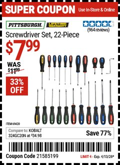 Harbor Freight Coupon PITTSBURGH SCREWDRIVER SET, 22-PIECE Lot No. 69420 Valid Thru: 4/13/26 - $7.99