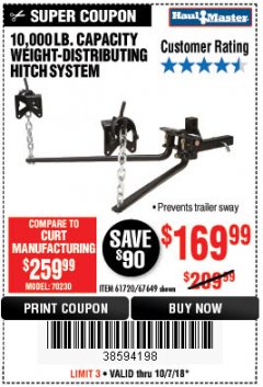 Harbor Freight Coupon 10,000 LB. CAPACITY WEIGHT-DISTRIBUTING HITCH SYSTEM Lot No. 67649/61720 Expired: 10/7/18 - $169.99