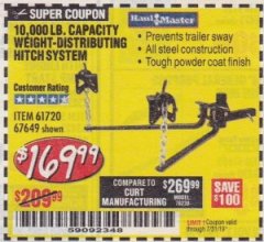 Harbor Freight Coupon 10,000 LB. CAPACITY WEIGHT-DISTRIBUTING HITCH SYSTEM Lot No. 67649/61720 Expired: 7/31/19 - $169.99