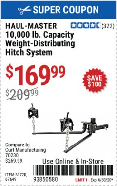 Harbor Freight Coupon 10,000 LB. CAPACITY WEIGHT-DISTRIBUTING HITCH SYSTEM Lot No. 67649/61720 Expired: 6/30/20 - $169.99
