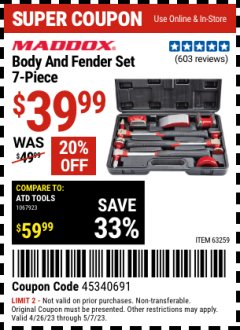 Harbor Freight Coupon 7 PIECE BODY AND FENDER SET Lot No. 63259 Expired: 5/7/23 - $39.99