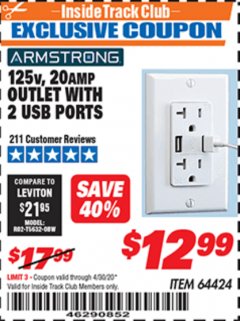 Harbor Freight ITC Coupon 125 VOLT, 20 AMP OUTLET WITH USB PORTS Lot No. 64424 Expired: 4/30/20 - $12.99