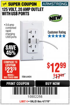 Harbor Freight Coupon 125 VOLT, 20 AMP OUTLET WITH USB PORTS Lot No. 64424 Expired: 6/1/19 - $12.99
