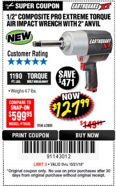 Harbor Freight Coupon 1/2" COMPOSITE PRO EXTREME AIR IMPACT WITH 2" ANVIL Lot No. 63800 Expired: 10/21/18 - $127.99