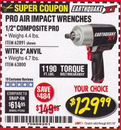 Harbor Freight Coupon 1/2" COMPOSITE PRO EXTREME AIR IMPACT WITH 2" ANVIL Lot No. 63800 Expired: 8/31/19 - $129.99