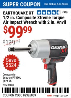Harbor Freight Coupon 1/2" COMPOSITE PRO EXTREME AIR IMPACT WITH 2" ANVIL Lot No. 63800 Expired: 12/31/20 - $99.99