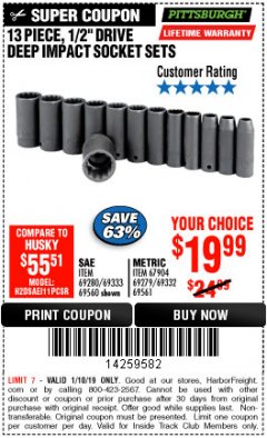 Harbor Freight ITC Coupon 13 PIECE, 1/2" DRIVE DEEP IMPACT SOCKETS SETS Lot No. 67903/69280/69333/69560/67904/69279/69332/69561 Expired: 1/10/19 - $19.99