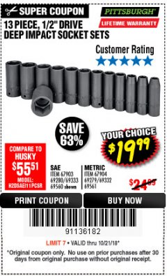 Harbor Freight Coupon 13 PIECE, 1/2" DRIVE DEEP IMPACT SOCKETS SETS Lot No. 67903/69280/69333/69560/67904/69279/69332/69561 Expired: 10/21/18 - $19.99