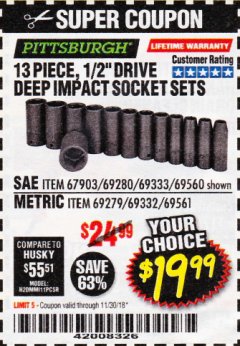 Harbor Freight Coupon 13 PIECE, 1/2" DRIVE DEEP IMPACT SOCKETS SETS Lot No. 67903/69280/69333/69560/67904/69279/69332/69561 Expired: 11/30/18 - $19.99