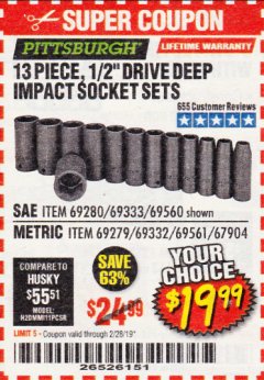 Harbor Freight Coupon 13 PIECE, 1/2" DRIVE DEEP IMPACT SOCKETS SETS Lot No. 67903/69280/69333/69560/67904/69279/69332/69561 Expired: 2/28/19 - $19.99