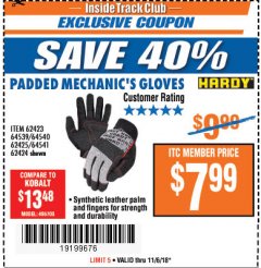 Harbor Freight ITC Coupon HARDY PADDED MECHANIC'S GLOVES Lot No. 64539/62424/64540/62425/64541/62423 Expired: 11/6/18 - $7.99