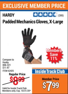 Harbor Freight ITC Coupon HARDY PADDED MECHANIC'S GLOVES Lot No. 64539/62424/64540/62425/64541/62423 Expired: 10/31/20 - $7.99