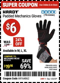 Harbor Freight Coupon HARDY PADDED MECHANIC'S GLOVES Lot No. 64539/62424/64540/62425/64541/62423 Expired: 1/22/23 - $6