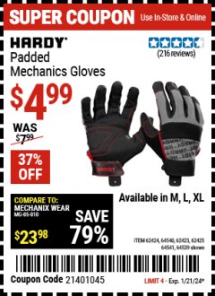 Harbor Freight Coupon HARDY PADDED MECHANIC'S GLOVES Lot No. 64539/62424/64540/62425/64541/62423 Expired: 1/21/24 - $4.99